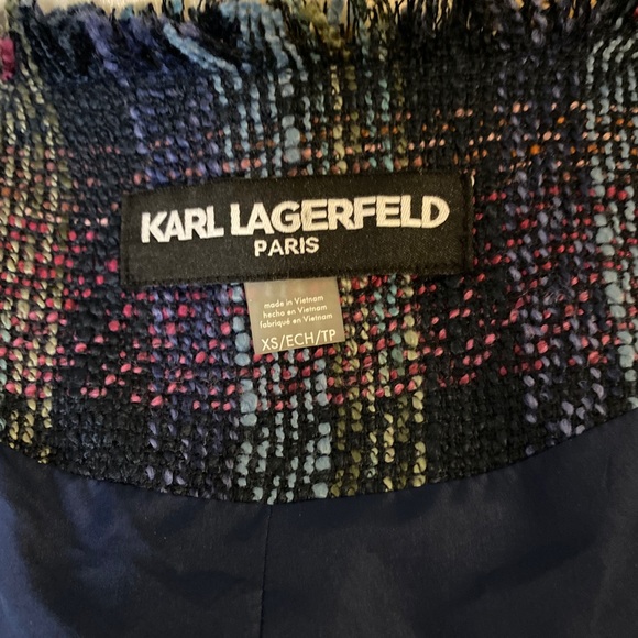 Sold!!!KARL LAGERFELD Paris Dress Jacket Size 6 Plaid Tweed Blue Multi Waterfall - Picture 10 of 11